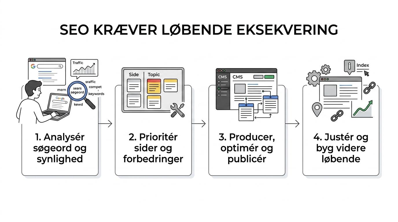 Illustration af et 4-trins SEO-forløb: analyse, prioritering, indhold og CMS-publicering samt løbende teknik og linkbuilding.