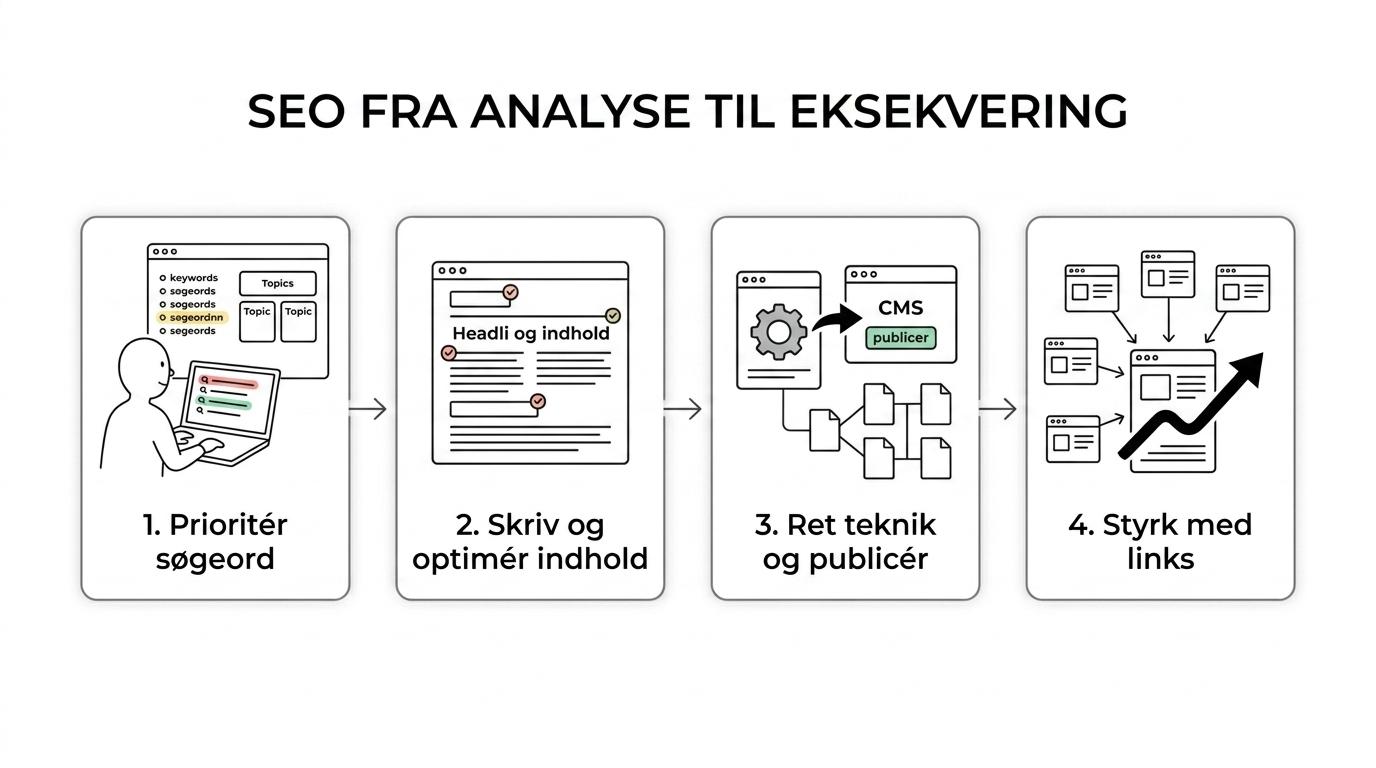 Flowchart showing an SEO workflow from keyword analysis to content production, technical SEO, CMS publishing, linkbuilding, and business results.