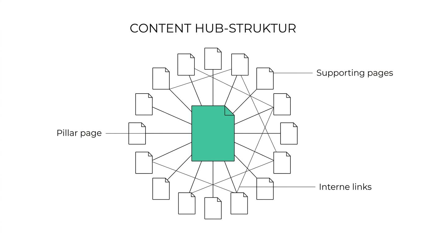 Diagram over et content hub med en central pillar page, supporting pages og interne links mellem siderne.