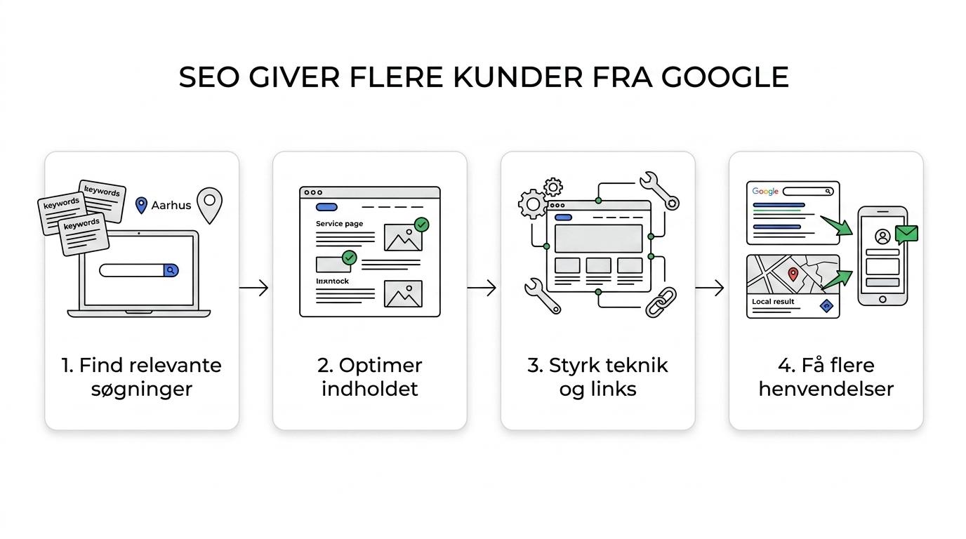 Flowdiagram over søgeordsanalyse, indhold, teknisk SEO, linkbuilding og flere kunder fra Google.