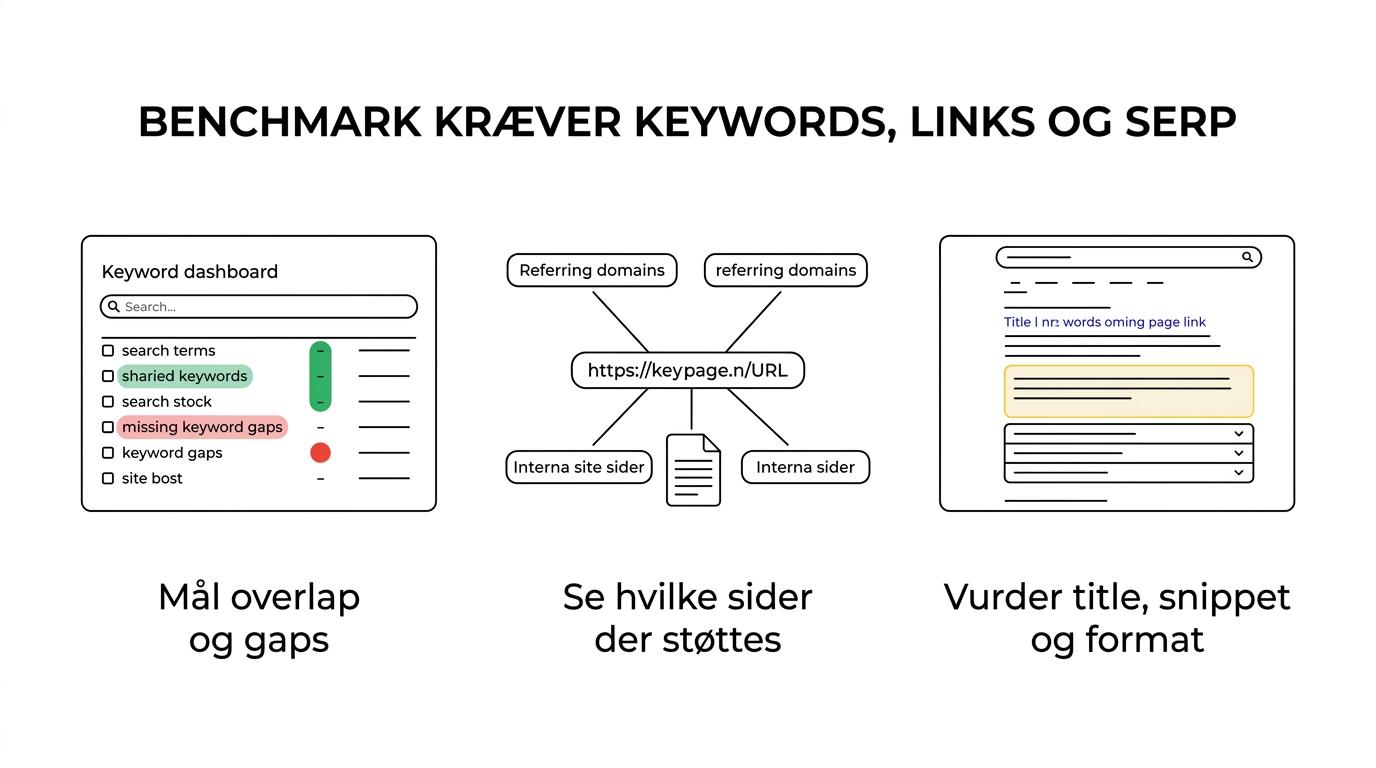 Oversigt over en SEO-konkurrentanalyse med centrale områder som keywords, links, SERP og sidebaseret vurdering.