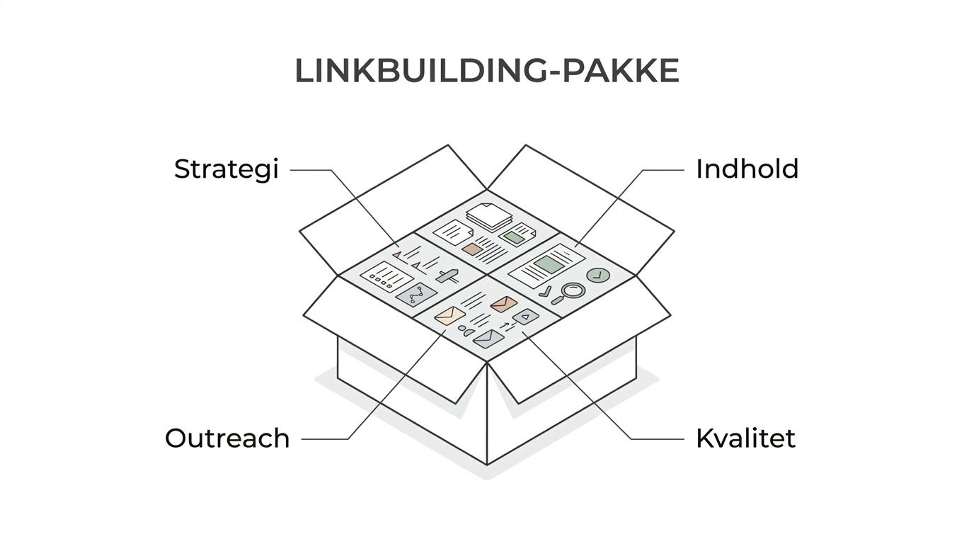 Diagram over en linkbuilding-pakke uden binding med seks forbundne dele: analyse, indhold, outreach, kvalitetsvurdering, rapportering og teknisk opfølgning.
