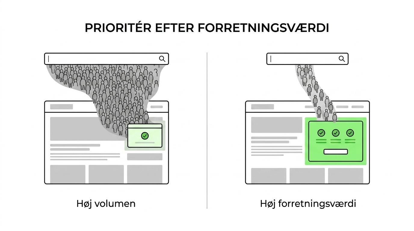Side-om-side sammenligning af et bredt søgeord med høj søgevolumen og et mere specifikt søgeord med lavere volumen men højere købsintention og forretningsværdi.