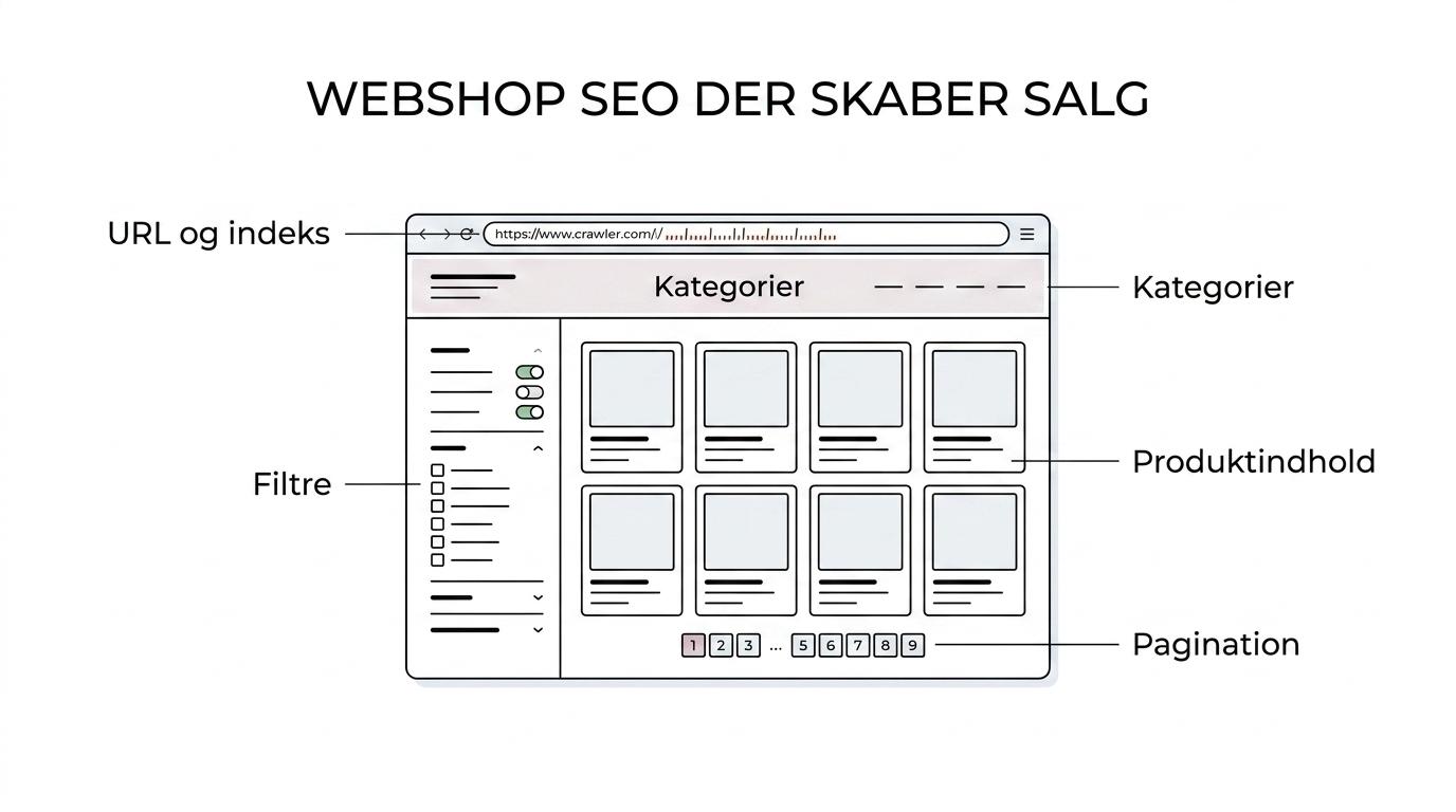Diagram of a webshop SEO system connecting keyword mapping, category pages, product pages, technical SEO, internal links, and linkbuilding to more Google sales.