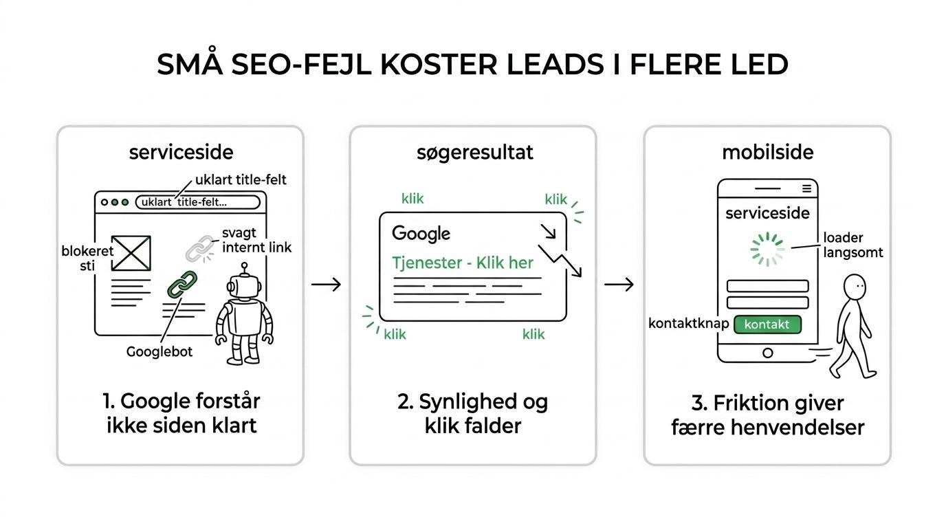 Proces, der viser hvordan små SEO-fejl på en serviceside giver tab fra indeksering og title link til mobiloplevelse og færre leads.