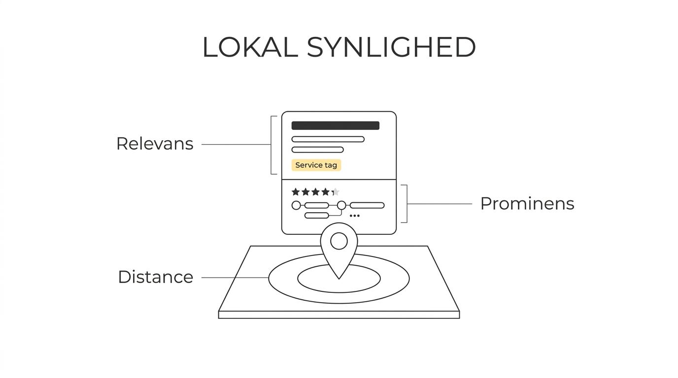 Diagram over lokal SEO i Roskilde med Google-synlighed i centrum og grene for relevans, distance og prominens.
