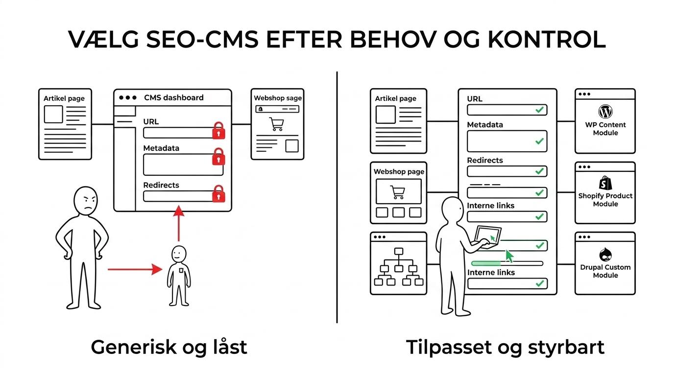 Sammenligning af WordPress, Shopify, Webflow, Drupal og Joomla efter SEO-kontrol, bedste anvendelse og kompleksitet.