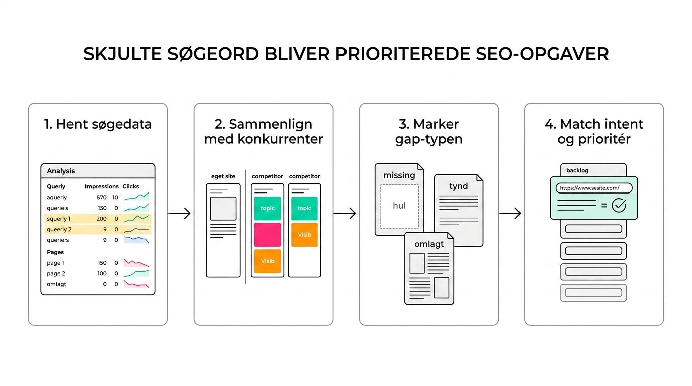 En proces, der viser hvordan data fra Search Console og konkurrenter bliver til gap-typer, intent-match og en prioriteret SEO-backlog.