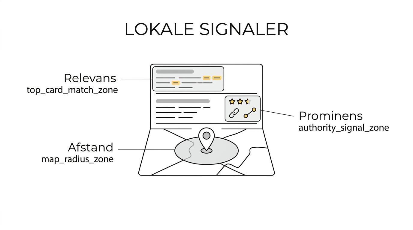 Diagram showing local SEO in Randers centered on relevance, distance, and prominence, with related SEO actions like keywords, landing pages, technical indexing, internal links, and linkbuilding.