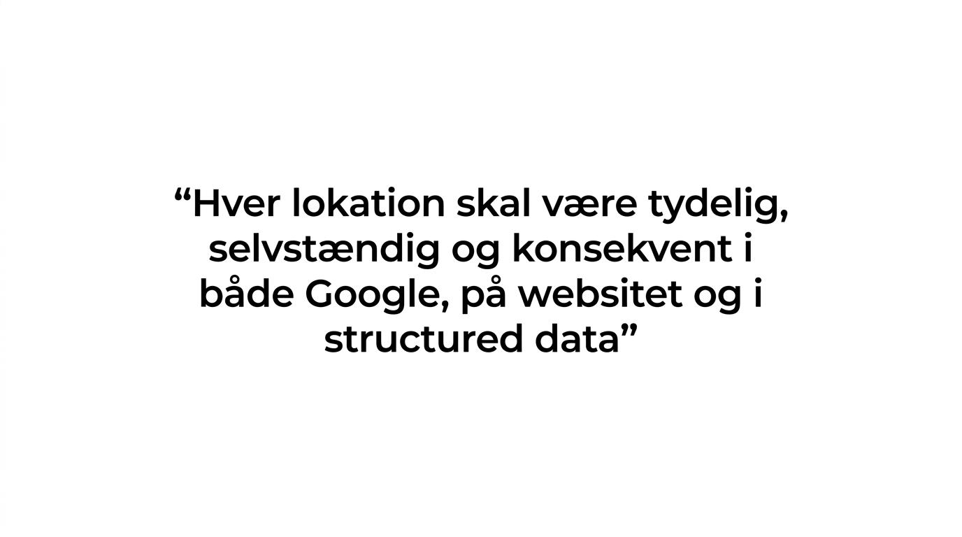 Fremhævet citat med budskabet om, at hver lokation skal være tydelig, selvstændig og konsekvent.