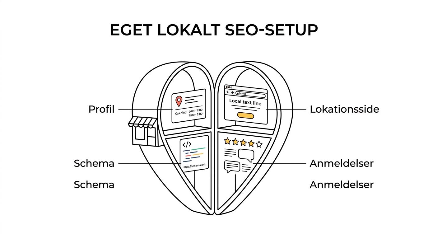 Diagram over én lokations lokale SEO med Google Business Profile, lokationsside, anmeldelser, schema og konsistente data.