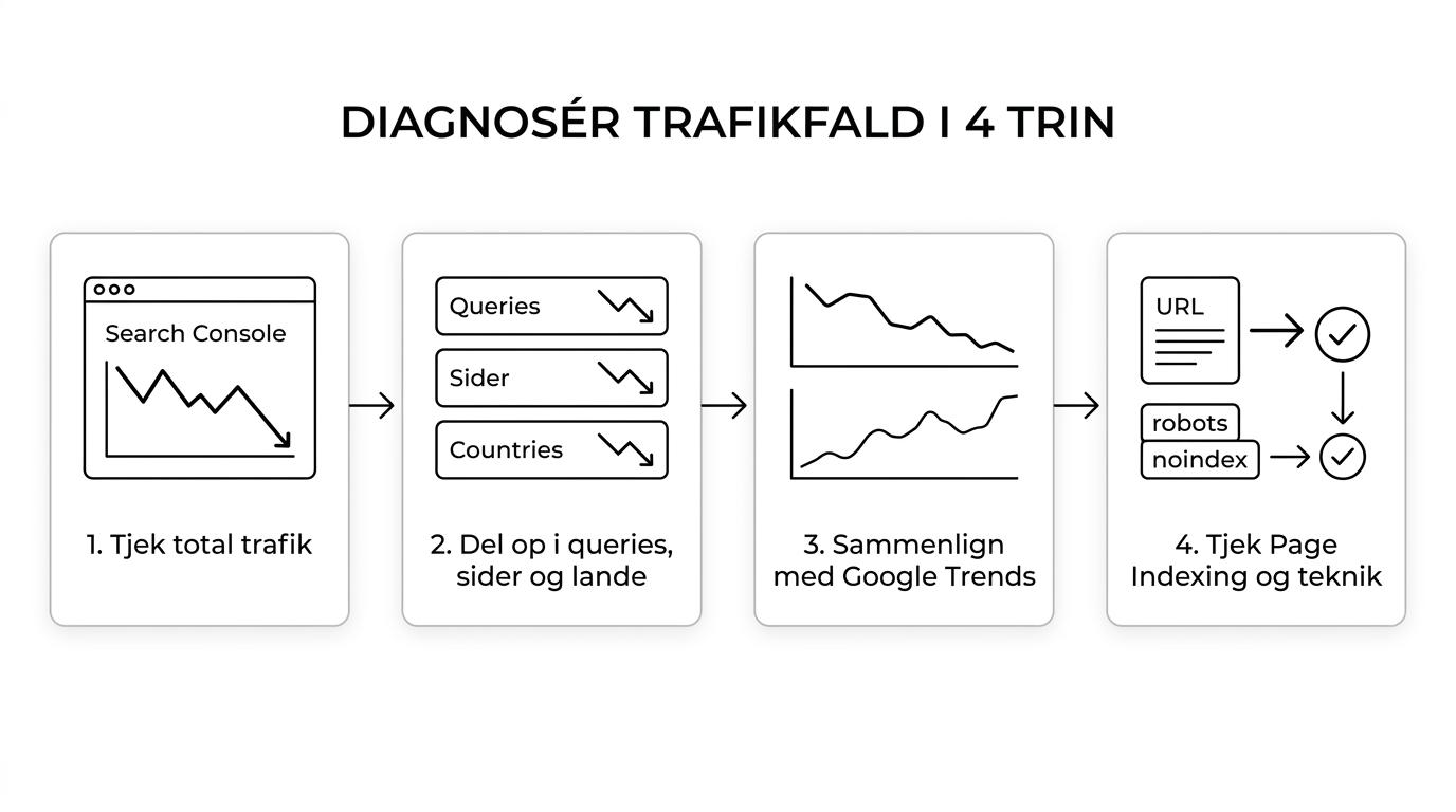 Flowchart over et SEO-tjek ved trafikfald med trin fra total trafik til queries, pages, countries, Trends og teknisk kontrol.