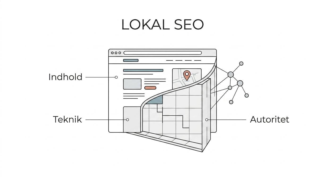 Diagram of local SEO for a Kolding business with connected parts like business information, keyword analysis, content, technical SEO, internal links, indexing, and linkbuilding.