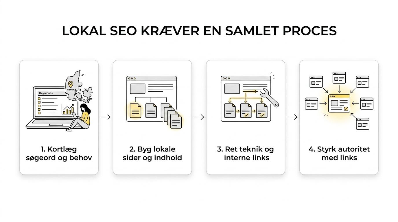Firetrinsoversigt over SEO.DK’s proces: søgeordsanalyse, landingssider og indhold, tekniske forbedringer og intern linkstruktur samt linkbuilding og digital PR.