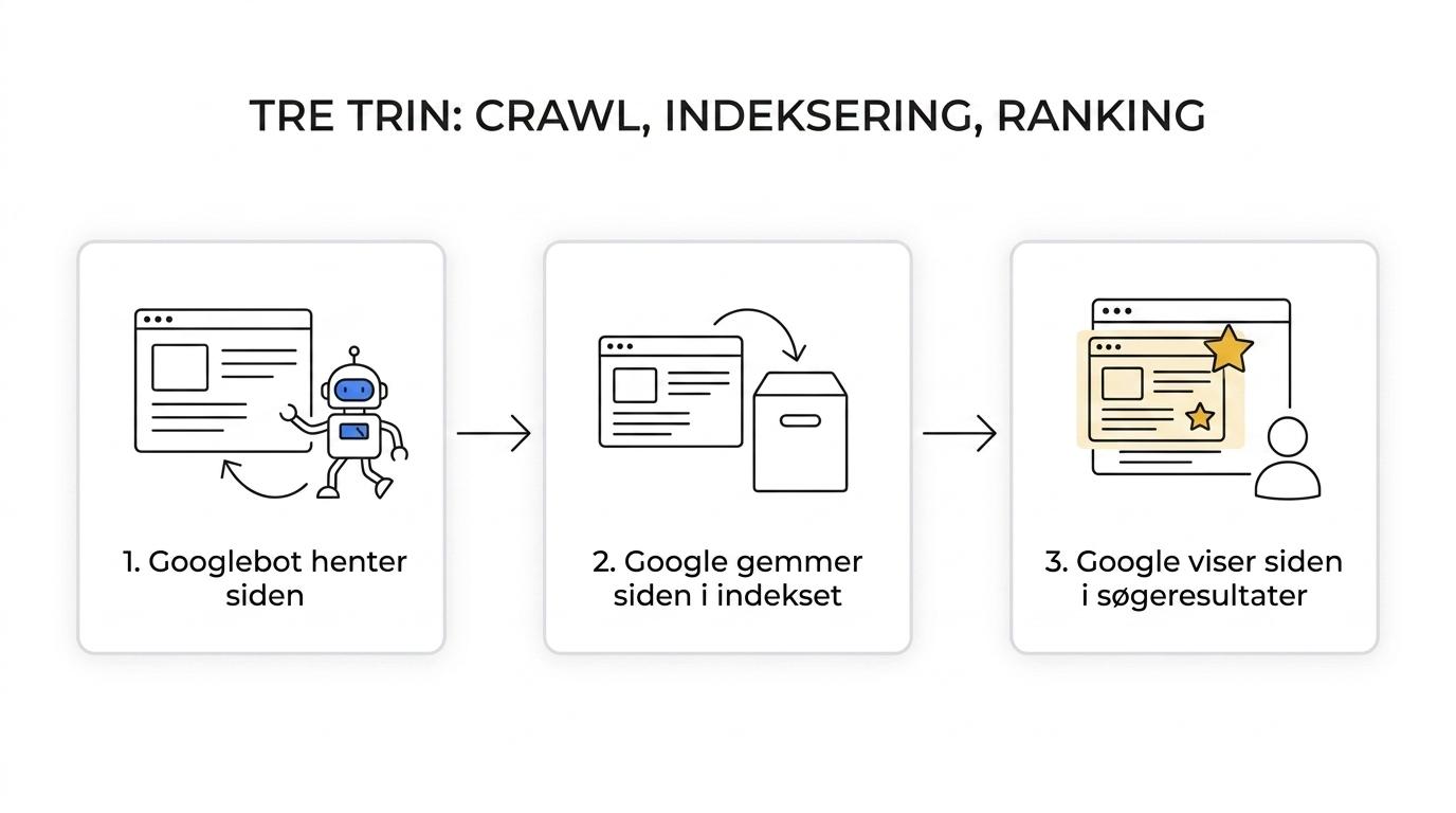 Three-step flow showing a page being crawled by Google, considered for indexing, and then ranked in search results.