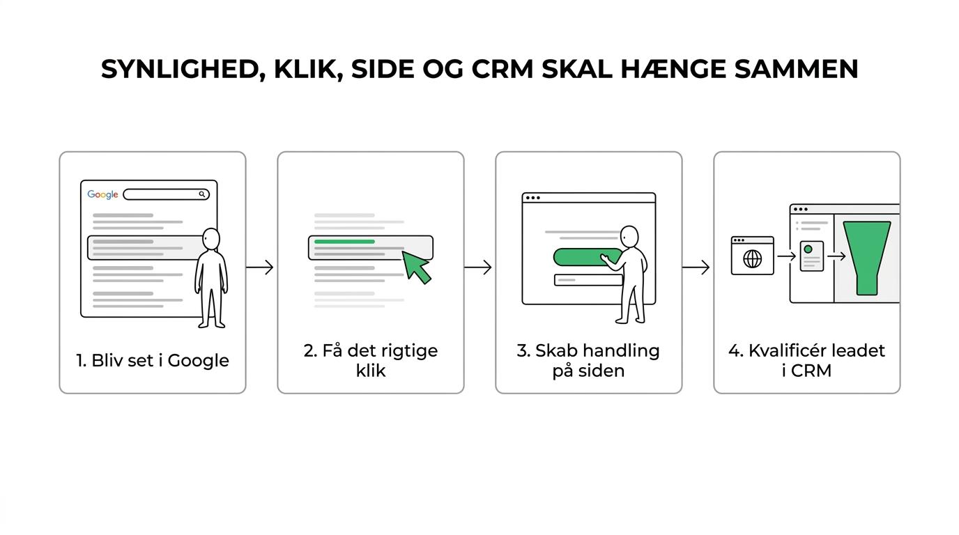 Flowdiagram fra synlighed i Google til klik, engageret besøg, lead og pipeline med markering af mulige brud i kæden.