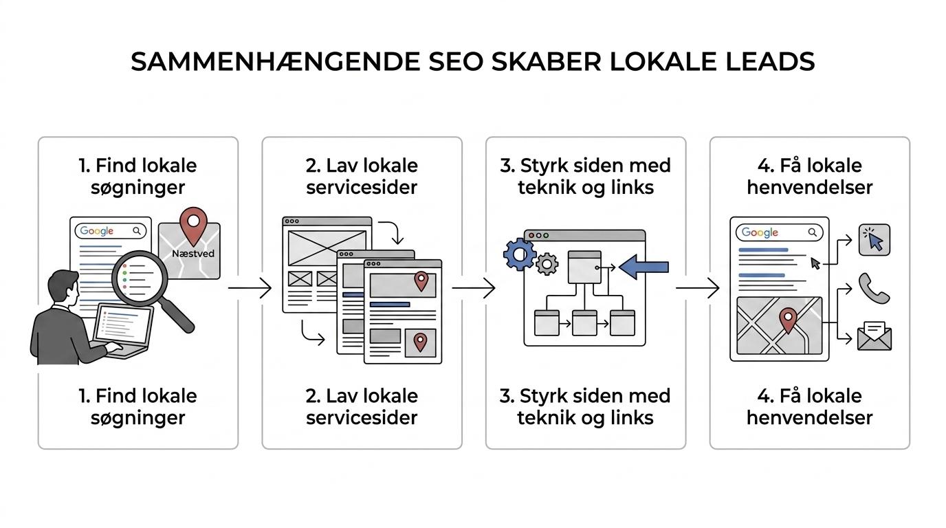 Flowdiagram, der viser SEO-arbejdet fra søgeordsanalyse og indhold til tekniske forbedringer, linkbuilding og flere lokale henvendelser.
