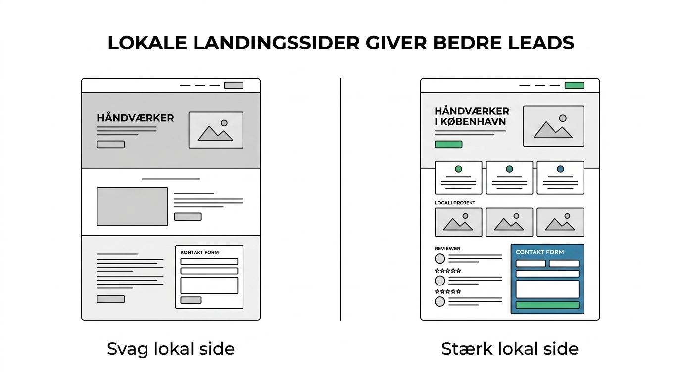 Sammenligning mellem en svag generisk håndværkerside og en stærk lokalt optimeret side med tydelig titel, dokumentation og kontaktmuligheder.