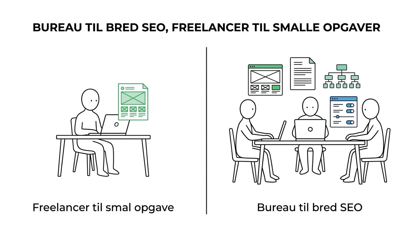 Side-by-side sammenligning af SEO-bureau og freelancer på scope, pris, kapacitet og ansvar.