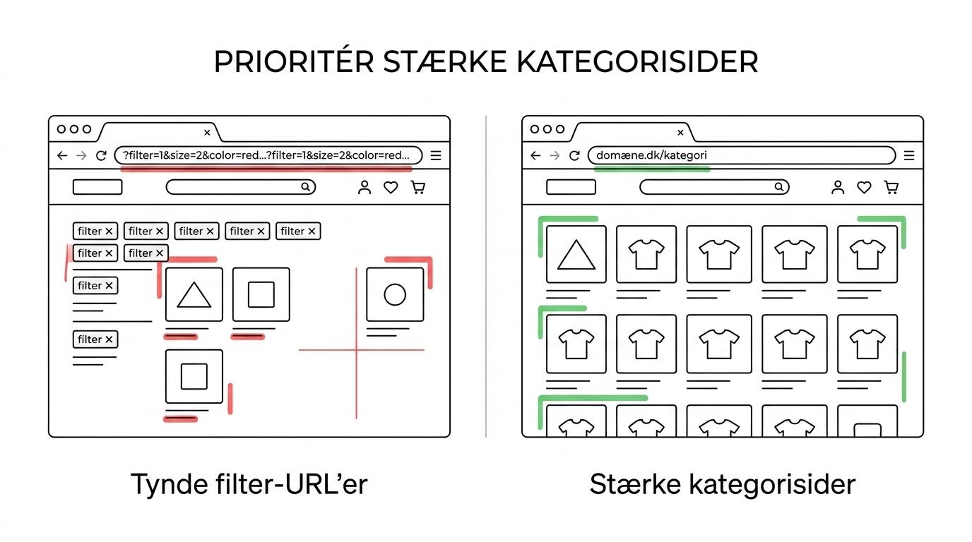 Side-by-side sammenligning af en stærk WooCommerce-kategoriside og en tynd filtreret URL-side med tydelige SEO-forskelle.