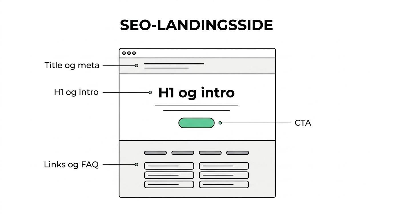 Labeled SEO landing page showing title, H1, intro text, CTA, internal links, FAQ, and trust elements.