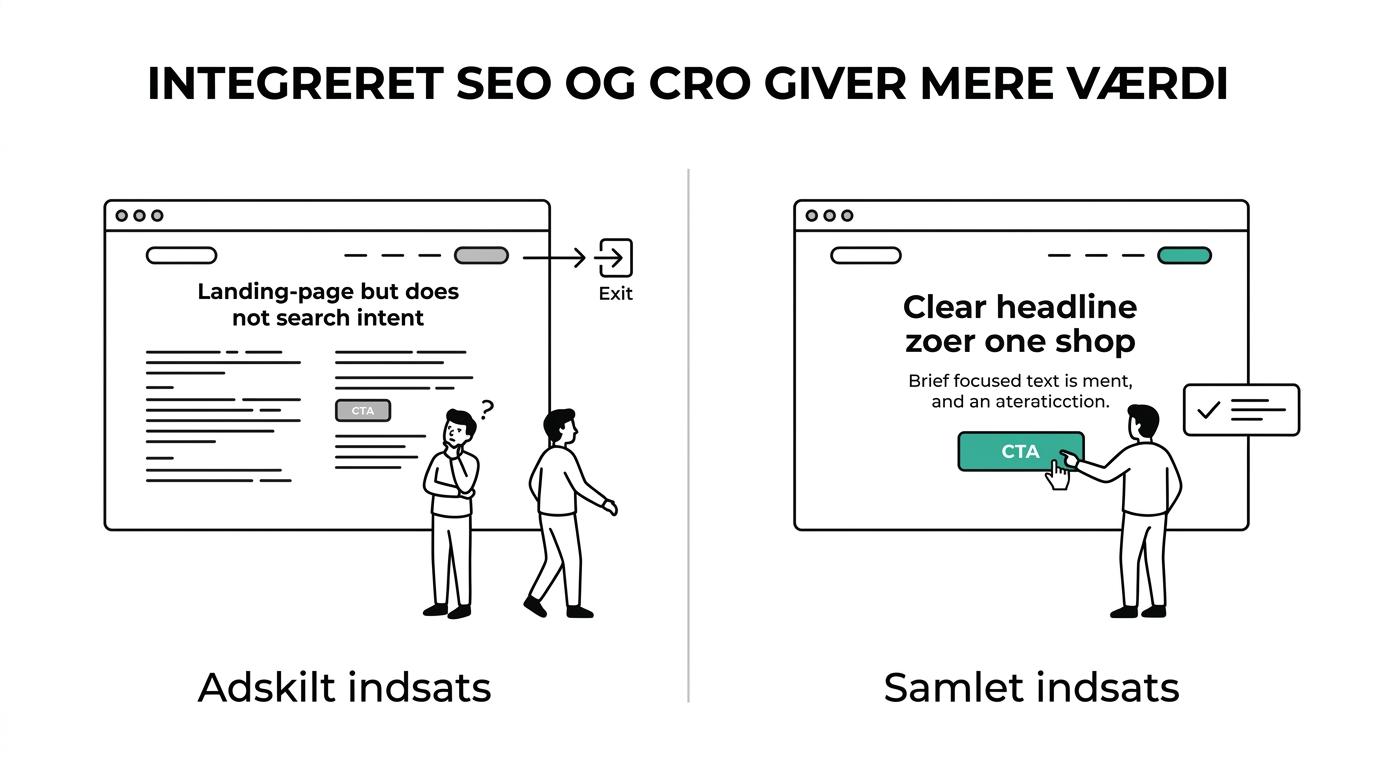 Side-by-side comparison of siloed SEO and CRO versus an integrated approach from search intent to conversion.