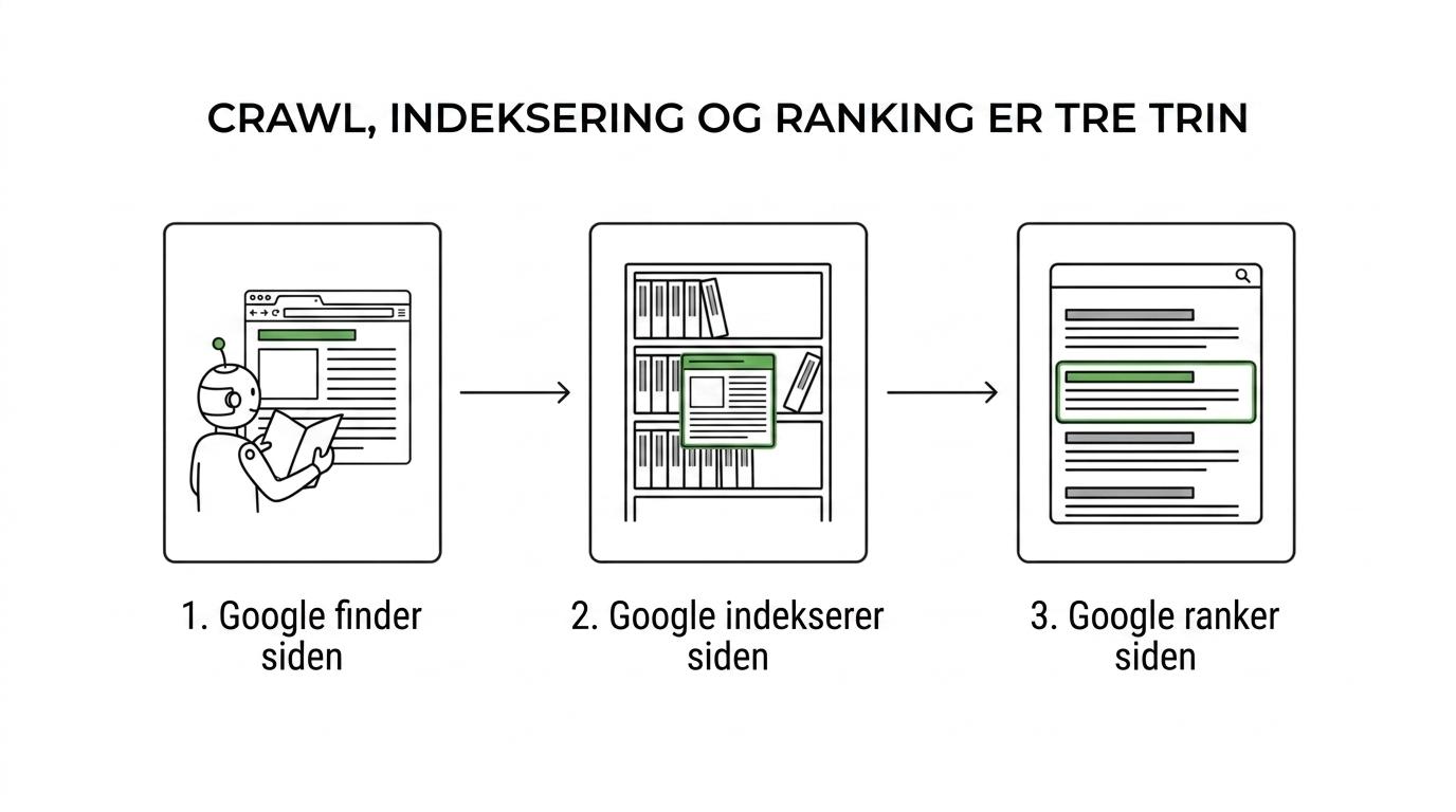 Et enkelt procesforløb, der viser tre trin: Google crawler siden, indekserer den og vurderer derefter dens ranking.