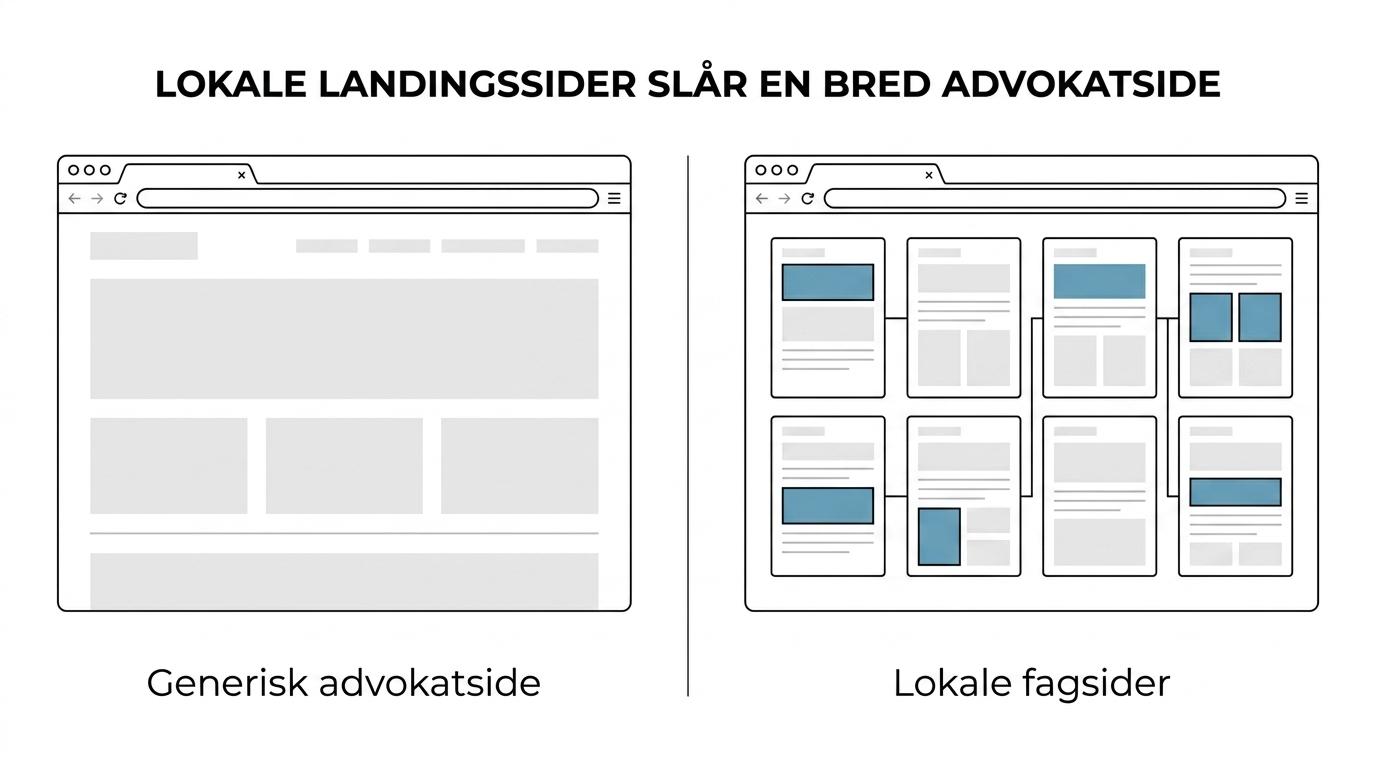 Side-by-side comparison of a generic law firm website page versus a locally structured site with pages by practice area and city.