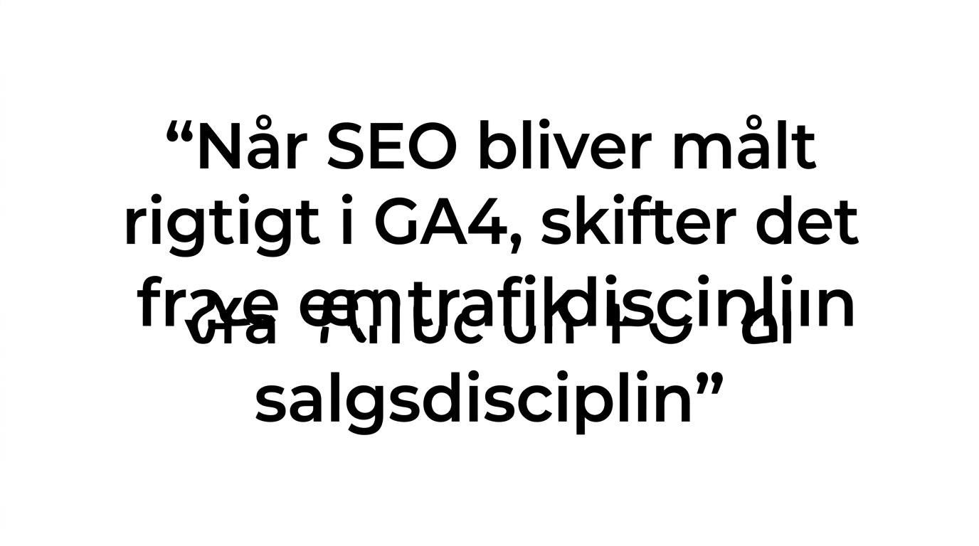 Et fremhævet citat om, at korrekt målt SEO i GA4 skifter fra trafikdisciplin til salgsdisciplin.