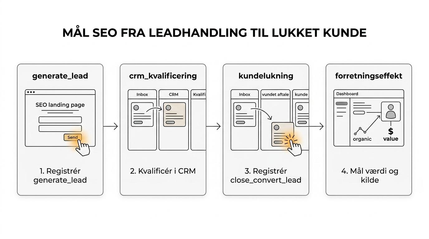Et trin-for-trin flow fra SEO-besøg og formularhandling til generate_lead, CRM-kvalificering, close_convert_lead og kunde.