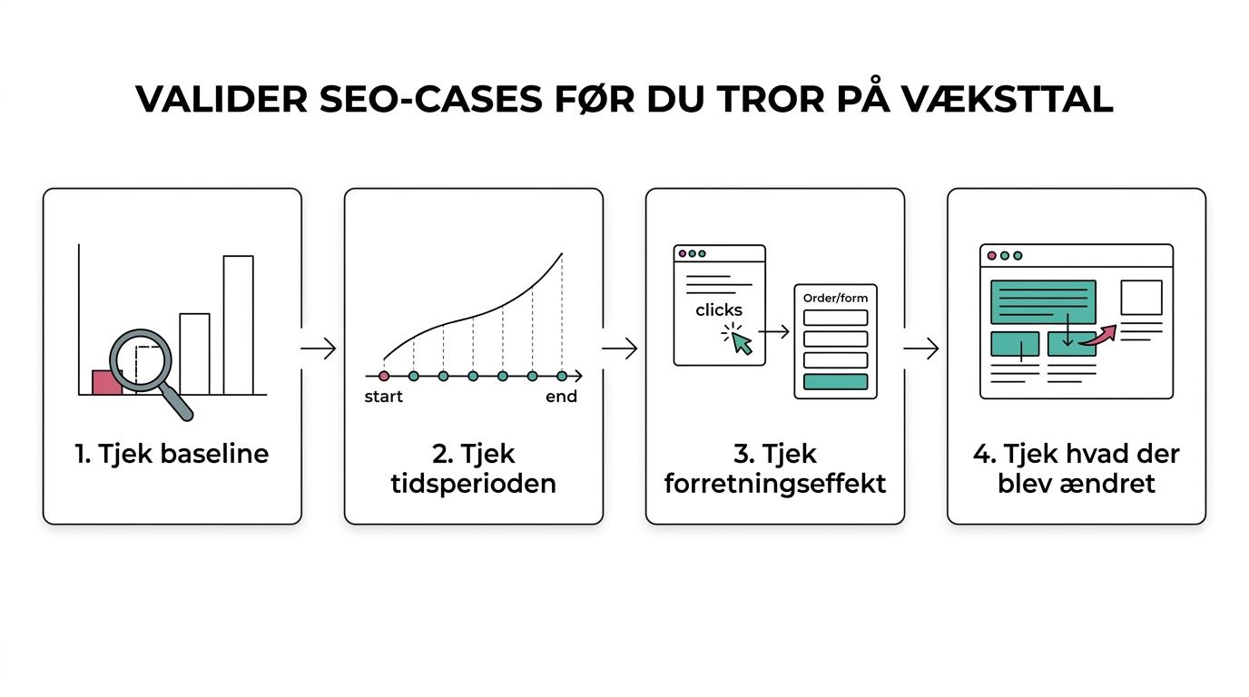 En enkel proces, der viser hvordan man vurderer et SEO-bureaus case via baseline, tidsperiode, forretningseffekt og årsagssammenhæng.