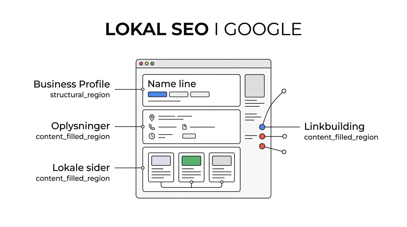 Diagram over lokal SEO på Frederiksberg med relevance, distance og prominence koblet til Business Profile, virksomhedsoplysninger, lokale landingssider, intern linkstruktur og linkbuilding.
