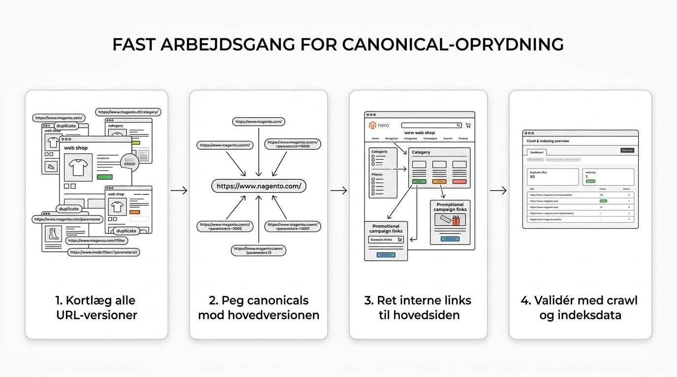 Flowdiagram med fire trin til at rette canonical tags i Magento: kortlæg dubletter, tjek canonical, ret intern linking og valider med crawl- og indekseringsdata.