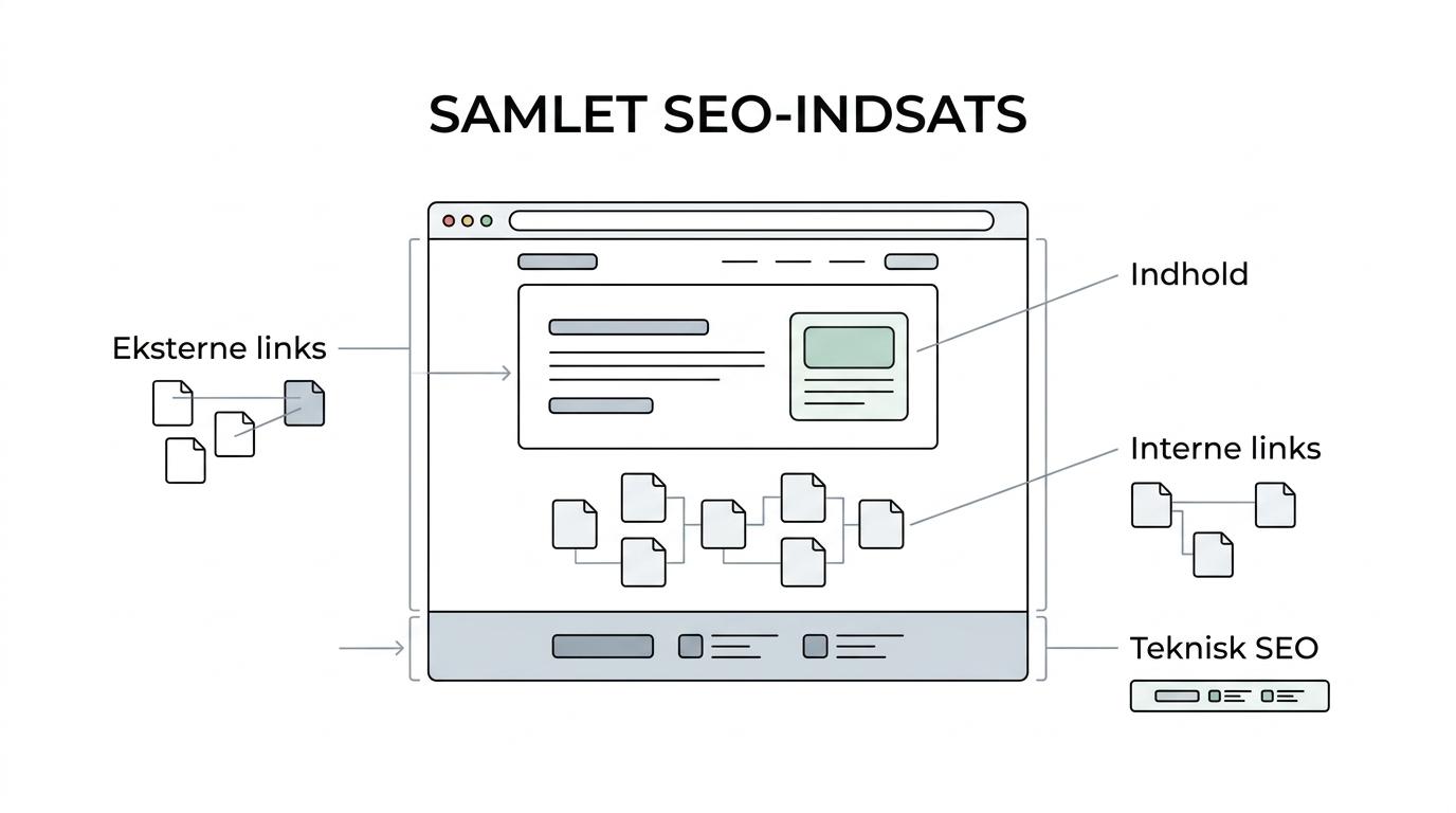 Diagram over en samlet SEO-indsats, hvor linkbuilding er koblet til søgeordsanalyse, indhold, intern linkstruktur, teknisk SEO og CMS-publicering for at skabe leads og salg.