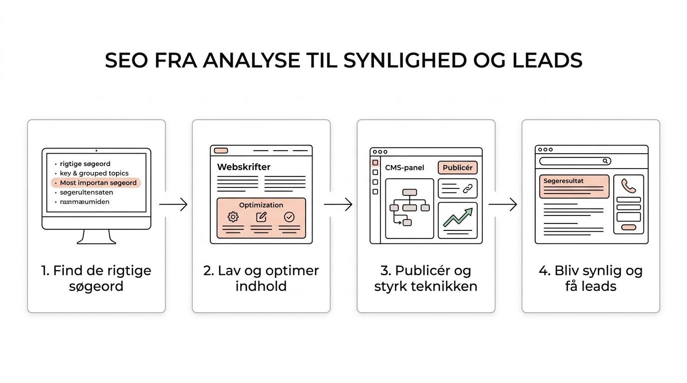 Flowchart over SEO.DK’s SEO-proces fra søgeordsanalyse og topic clusters til indhold, tekniske forbedringer, indeksering og flere leads.