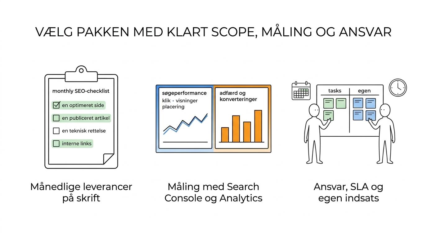Oversigt med otte felter til sammenligning af SEO-pakker: mål, månedlige leverancer, søgeordsstrategi, teknisk scope, rapportering og KPI’er, SLA, kompetencer og aftalevilkår.