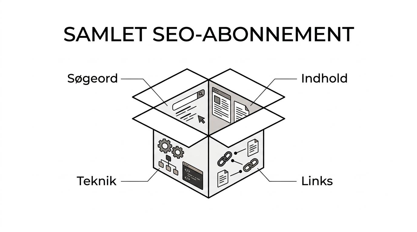 Diagram af et samlet SEO-abonnement med søgeordsanalyse, indhold, teknisk SEO, CMS-publicering, interne links og linkbuilding som forbundne dele.