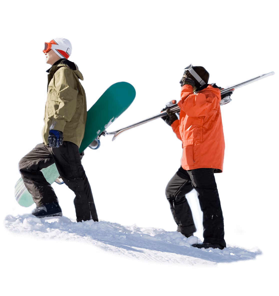 Snow riders going up the mountain in a chairlift