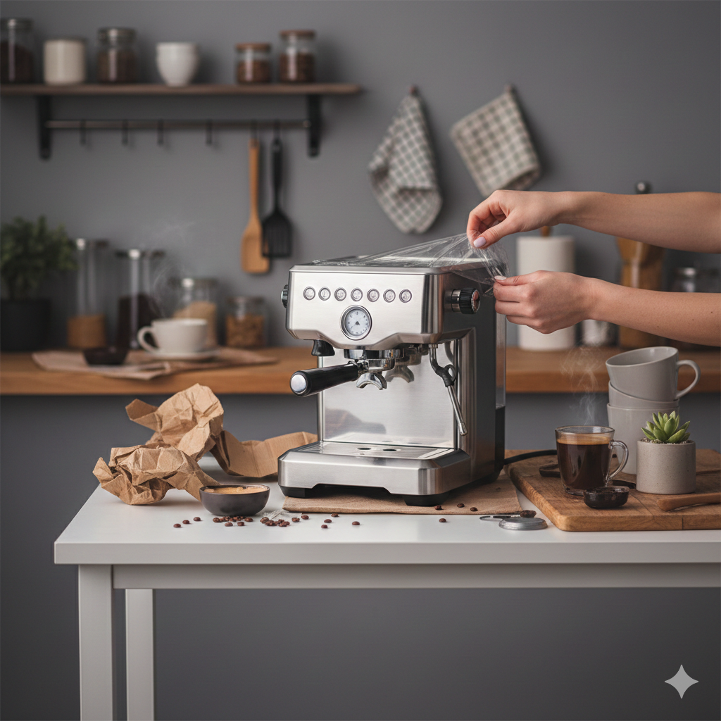 A cluttered product photo of an espresso machine surrounded by props and hands, showing how busy backgrounds can complicate background image removal and edge detection.