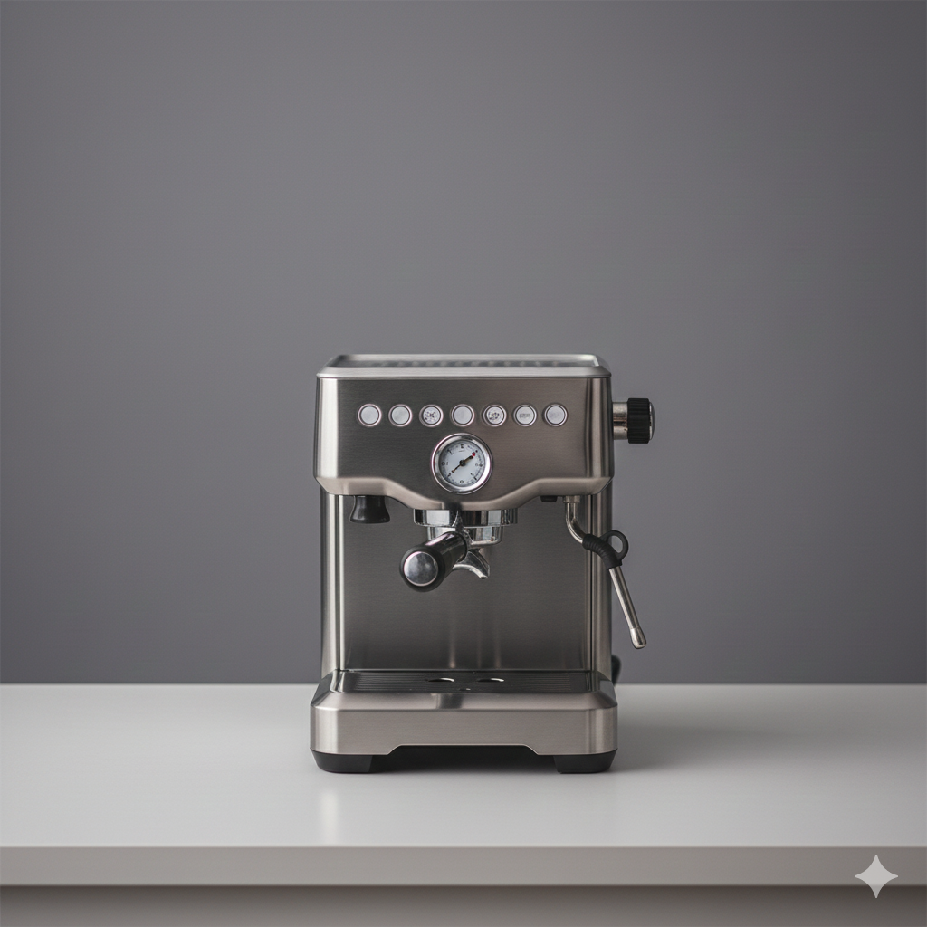 A clean product photo of an espresso machine photographed alone on a simple surface, demonstrating an ideal setup for accurate background image removal and smooth edges.