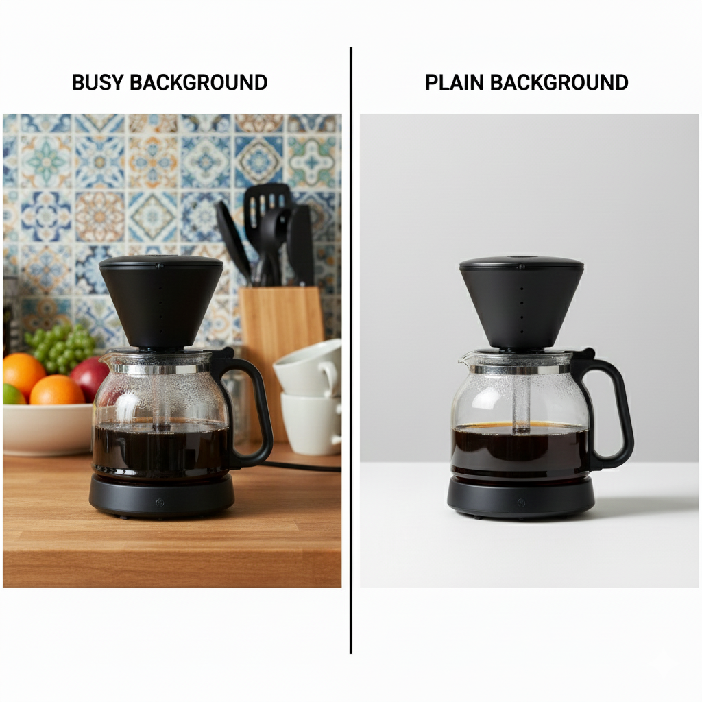 A side-by-side comparison showing a glass coffee maker on a busy kitchen background versus a plain background, illustrating how simpler backdrops make background image removal cleaner and more accurate.