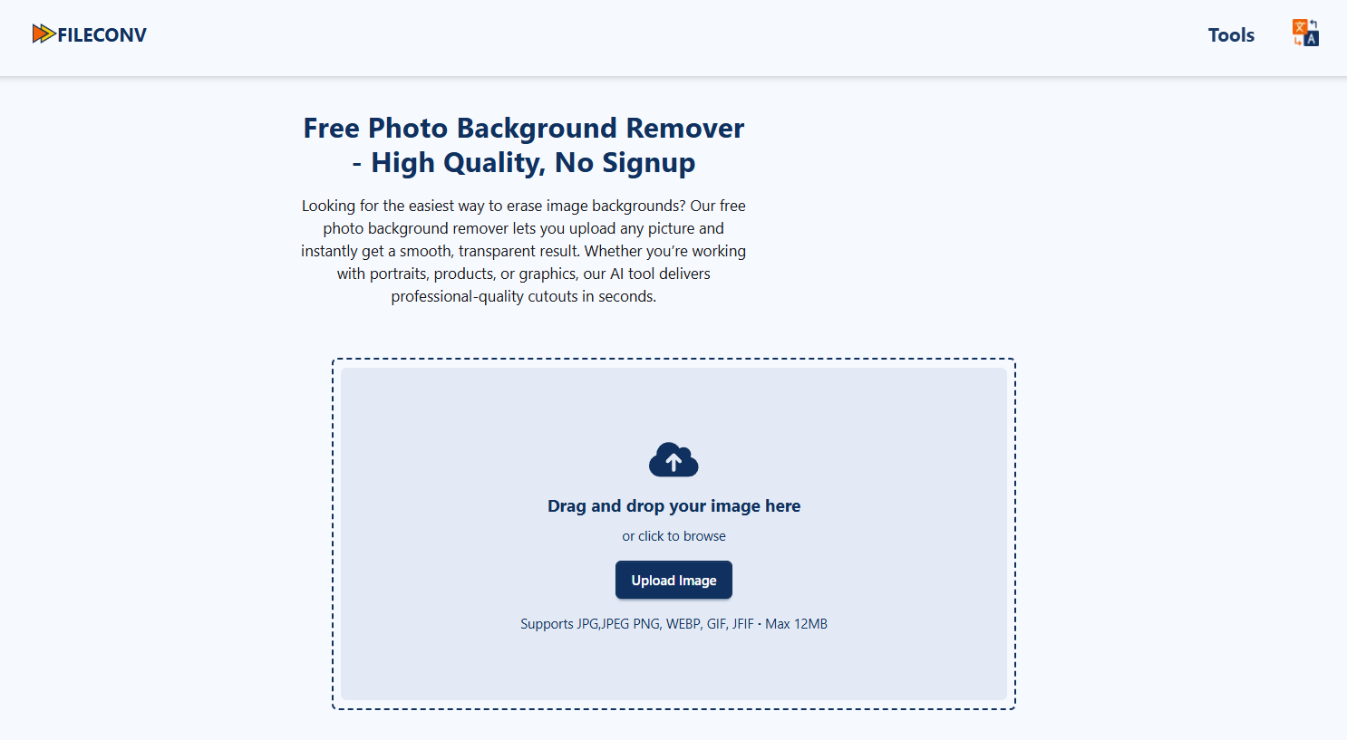The FileConv background removal interface showing a drag-and-drop upload area for removing image backgrounds online.