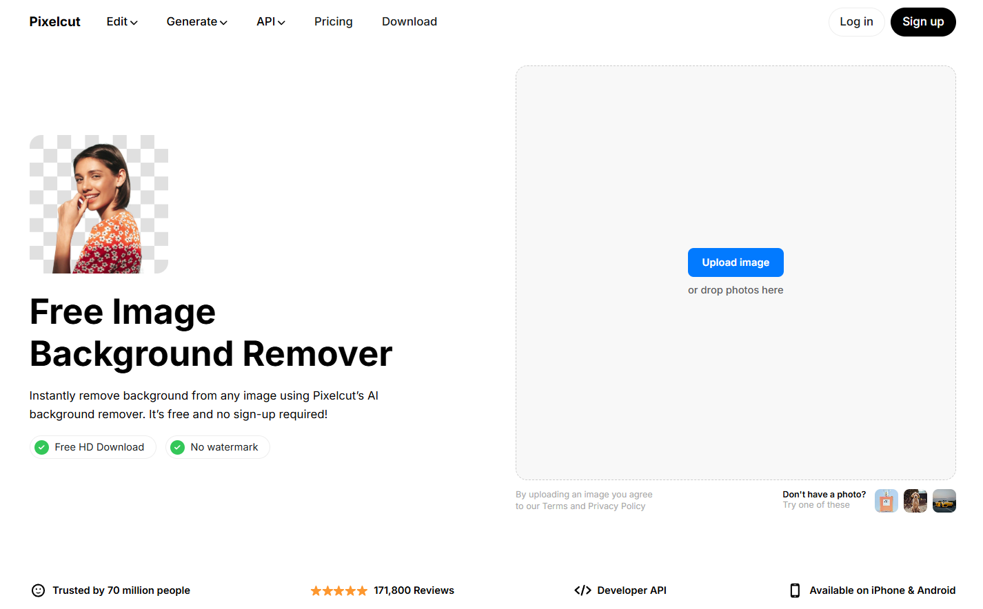 The Pixelcut image background remover interface showing an upload area and AI-powered background removal features for quick image editing.