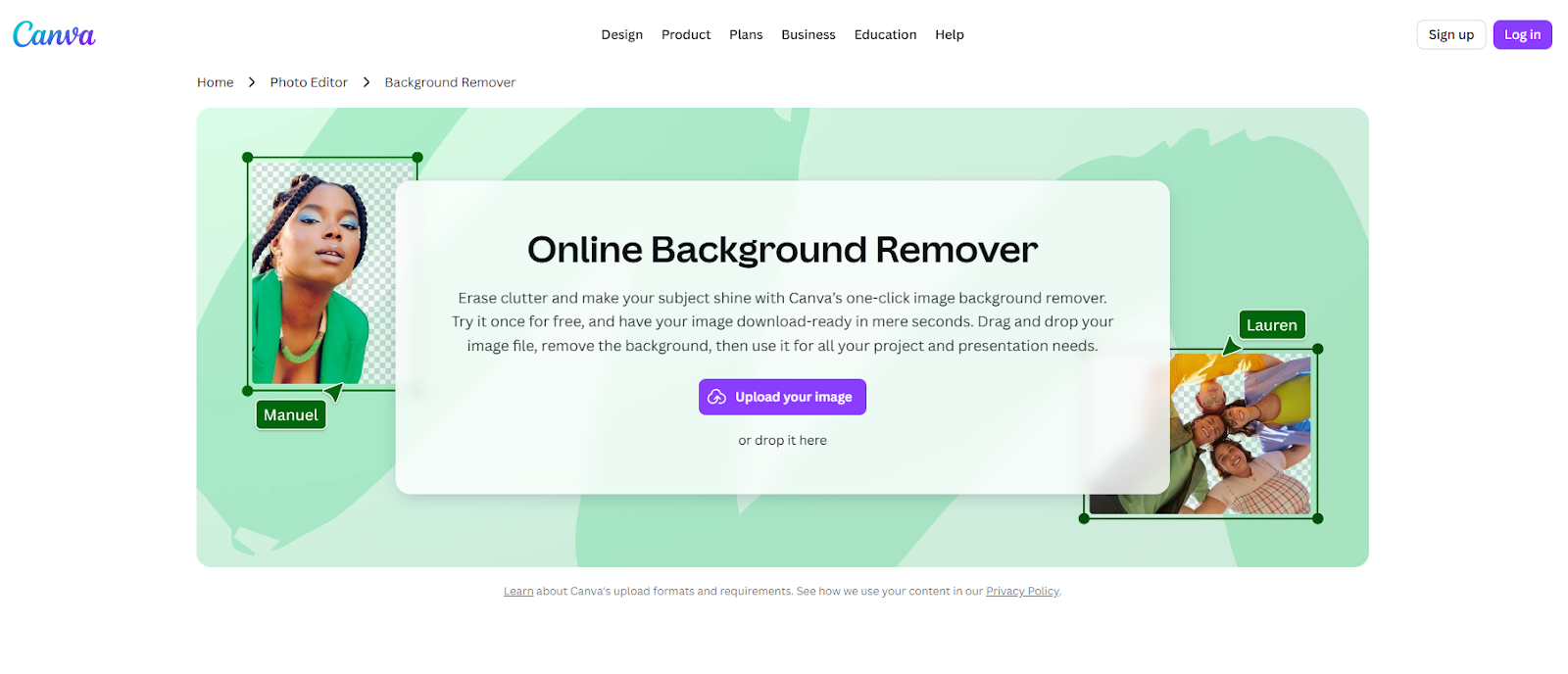 Canva’s online background remover interface showing an image upload area and built-in tool for removing backgrounds within the design editor.