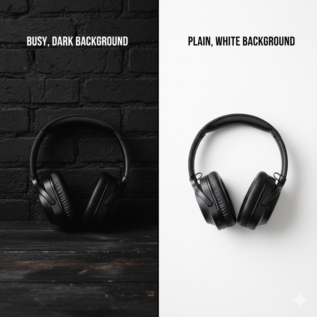 A side-by-side image comparing headphones on a busy, dark background versus a plain white background, showing how light backdrops improve edge detection and background image removal accuracy.