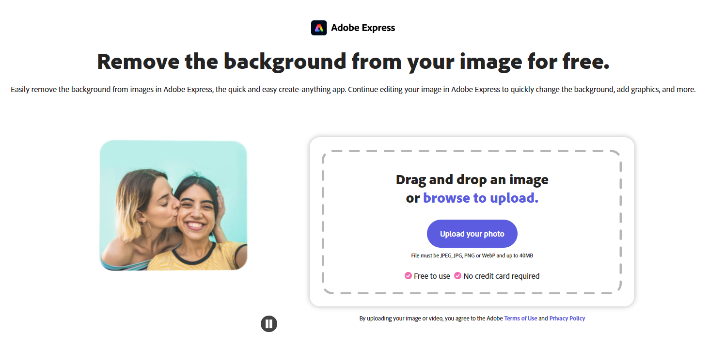 Adobe Express background remover interface showing a drag-and-drop upload area for removing image backgrounds quickly and for free.