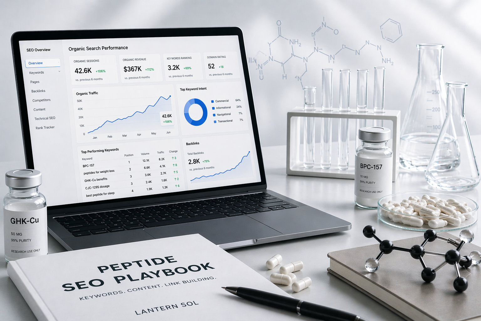 Peptide SEO playbook concept showing laptop with SEO analytics dashboard alongside capsules, lab glassware, and molecular structures in a clean modern workspace