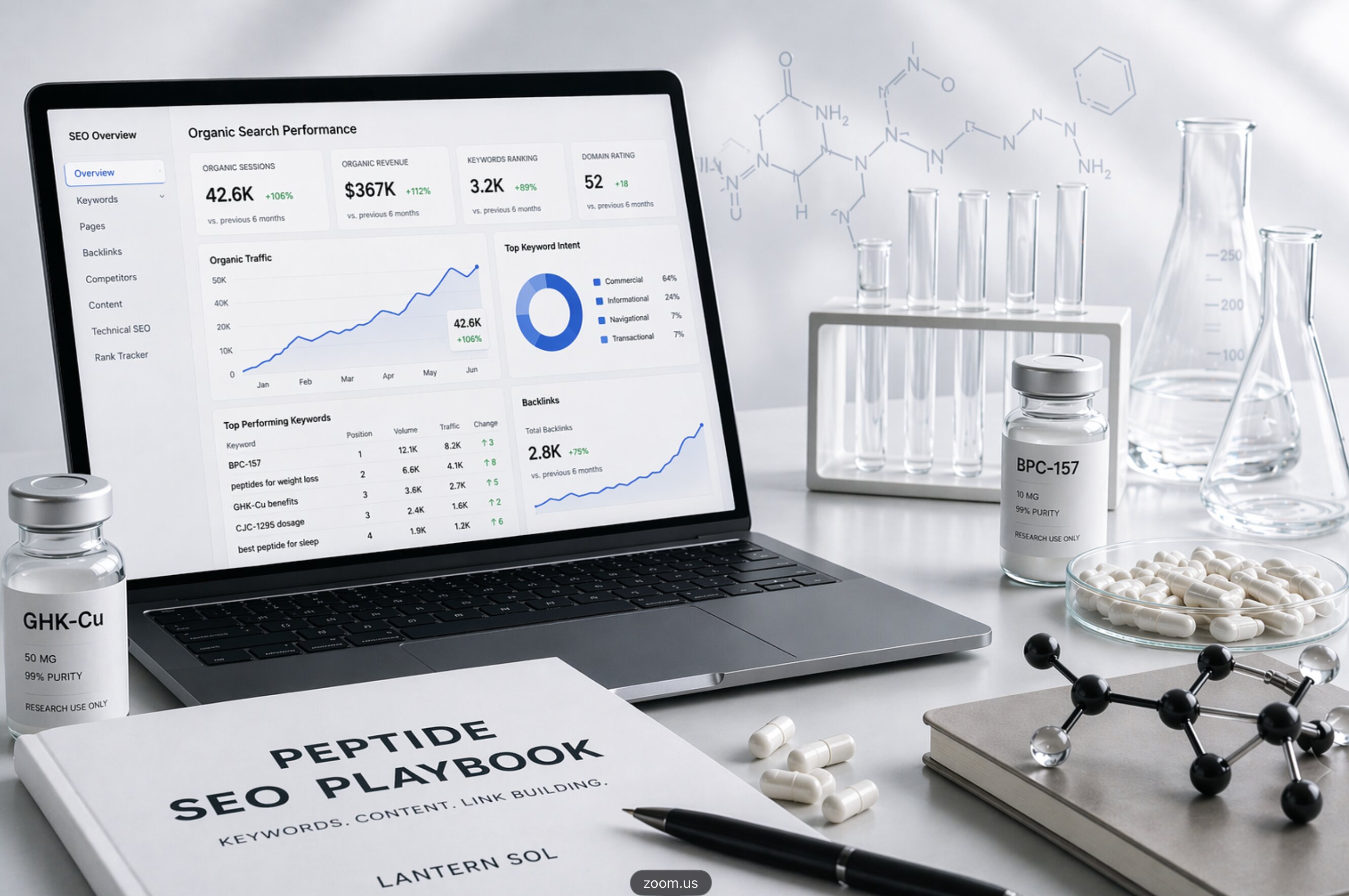 Peptide SEO playbook concept showing laptop with SEO analytics dashboard alongside capsules, lab glassware, and molecular structures in a clean modern workspace