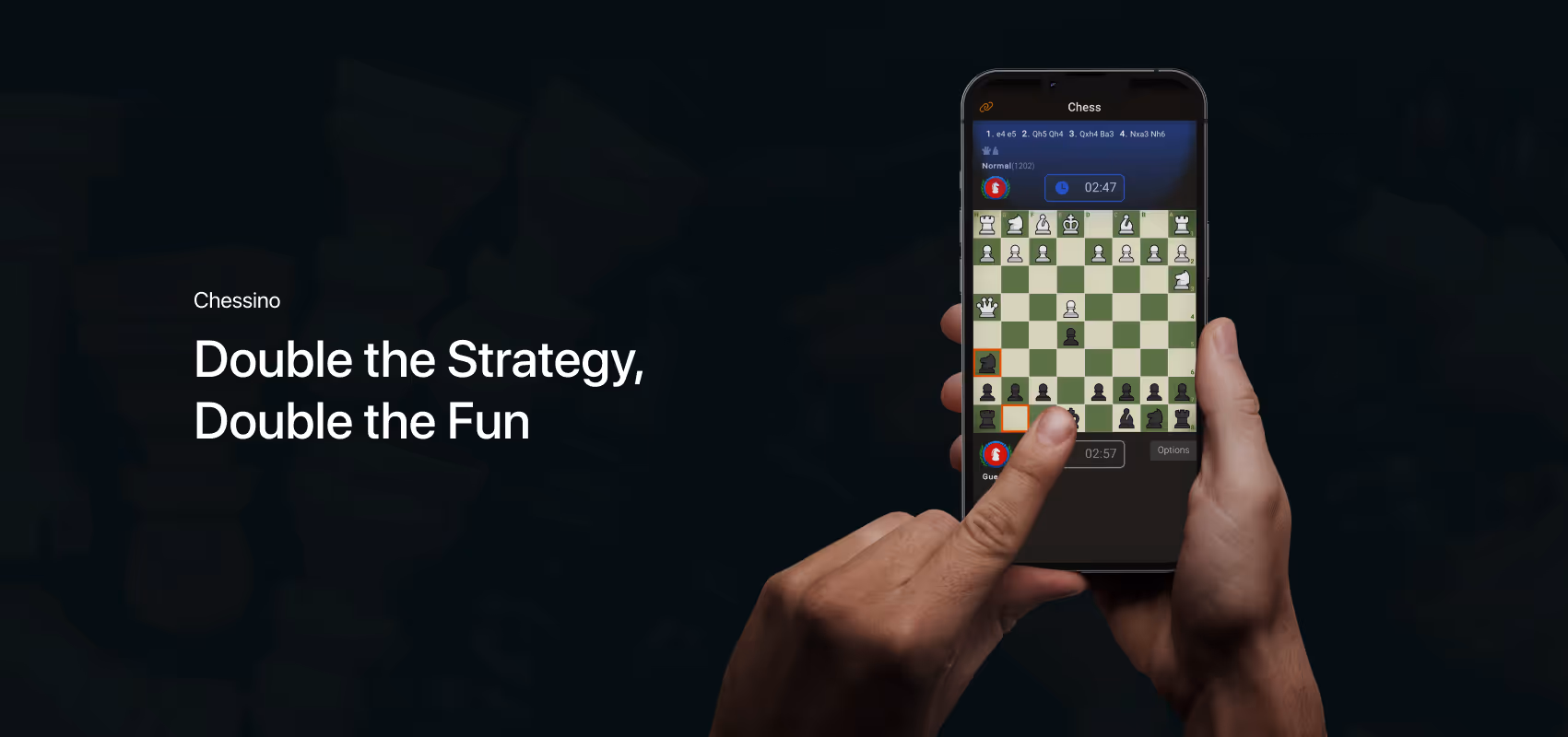 Banner showing a mobile chess app in play with tagline “Double the Strategy, Double the Fun,” promoting Chessino gameplay.