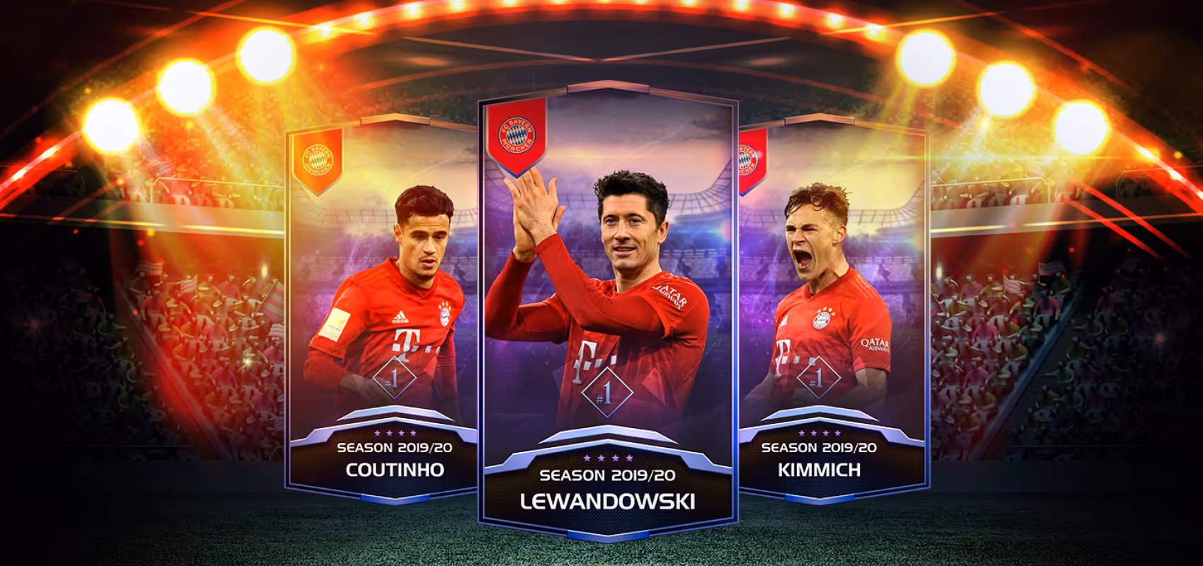 Banner showing Bayern Munich players Coutinho, Lewandowski, and Kimmich in Season 2019/20 cards, under stadium lights and crowd